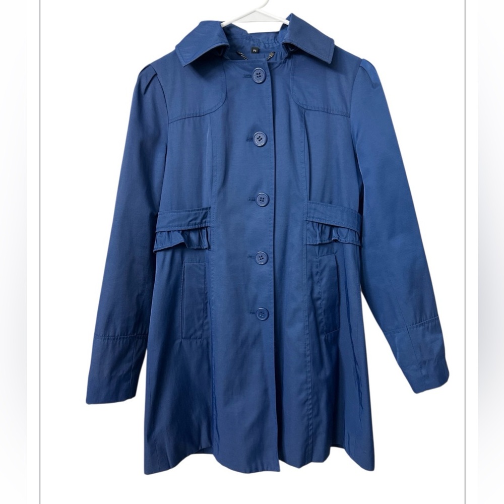Guess Blue Trench Coat Size‎ Small Ruffle Trim Hood Monogram Lining Button Front